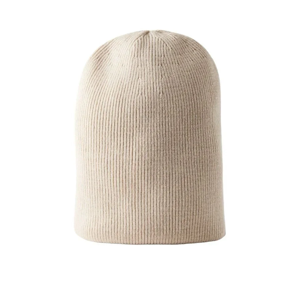 Beige Ribbed Knit Beanie Hat Lightweight Cuffed